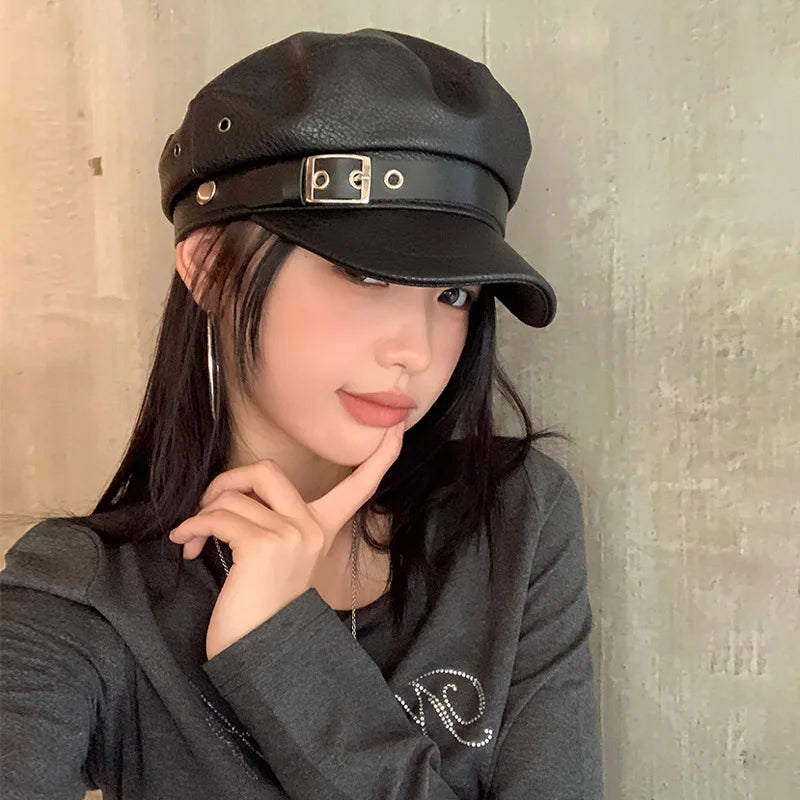 New Women's PU Leather Beret Hat Vintage England Flat Top Newsboy Caps Outdoor Casual Visor Black Artist Fashion Painter Hat