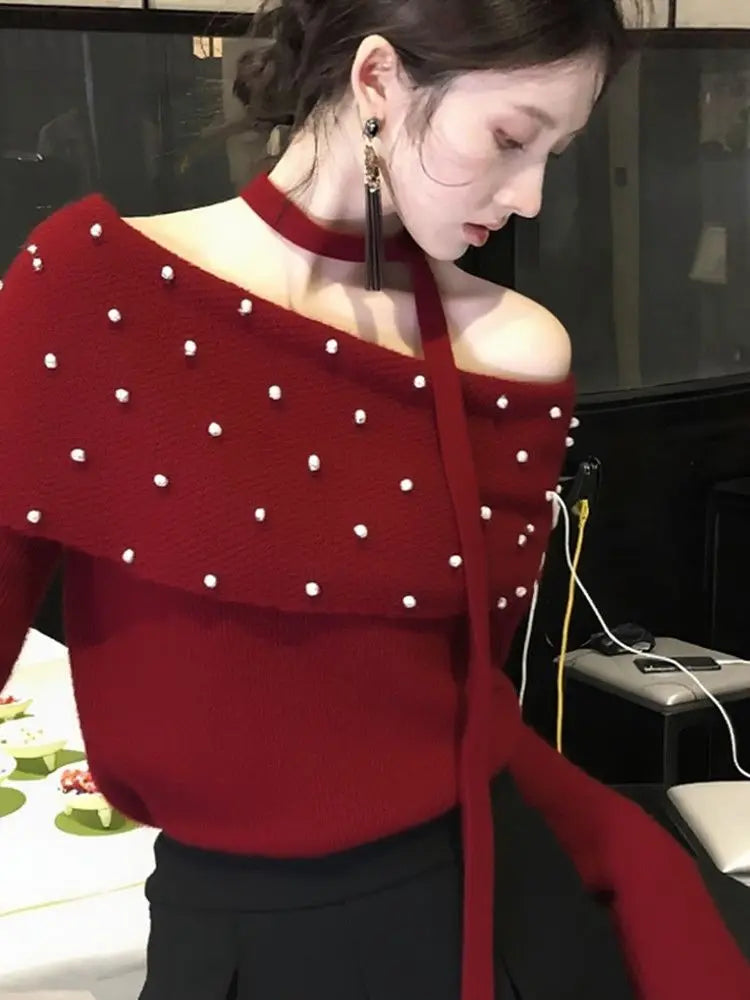 Christmas Winter Sweet Red Knitted Sweaters Women Y2k Harajuku Korean Fashion Pullovers Casual Long Sleeve Elegant Jumpers