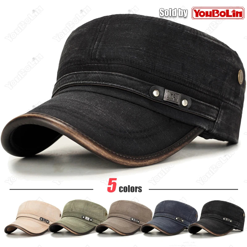 Leather Brim Washed Distressed Cotton Adjustable Military School Flat Cap Sun Hat Trucker Caps Dad Hats