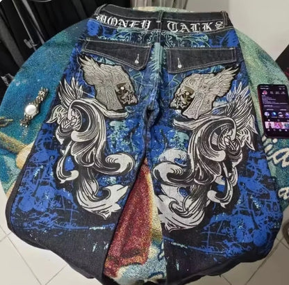 Jeans letter embroidered black loose trousers Couple fashion retro new athlete street clothing Y2K Harajuku street wear trousers