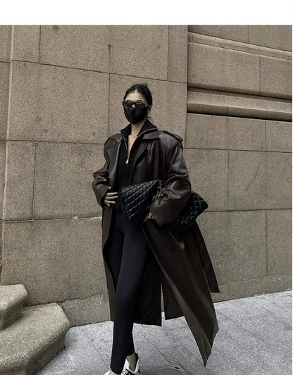 Women Faux PU Leather Coats Turn Down Collar Black High Waist Lace Up Long Jackets Casual Elegant Y2k Maxi Loose Windbreak