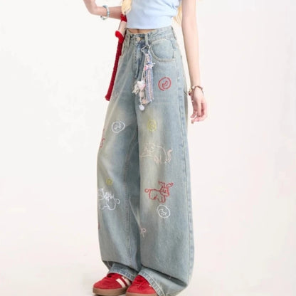 Jeans for Woman Y2k Pants Retro Washed Denim Straight Leg Wide Leg Trousers Cartoon Embroidery Design Comfortable Daily Wear
