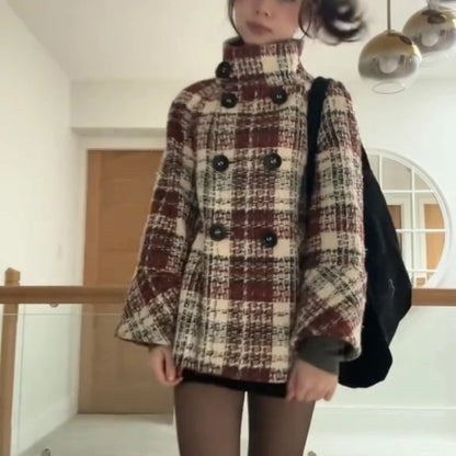 Autumn Winter Chic Coat Warm Checkered Turtleneck Shoulder Straight Coat Women Double Breasted Full Sleeve Middle Long Coat Lady