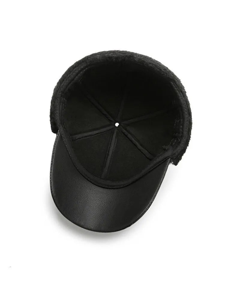 Men's Casual Cuffed Soft Leather Baseball Cap for Middle-Aged and Elderly, Warm for Winter