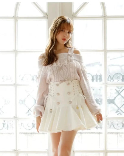 Japanese Sweet Bow Long-sleeve Knitted Pullover Sweater Autumn Winter New Off-shoulder Sexy Lolita Girls Liz Sweater Jumper Top