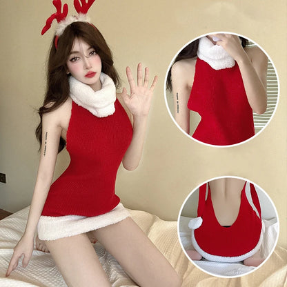 Women's Sweater Dress Christmas Pullover Red Backless Knitted Sleeveless Turtleneck Loose Jumper Festival Autumn Winter Sweaters