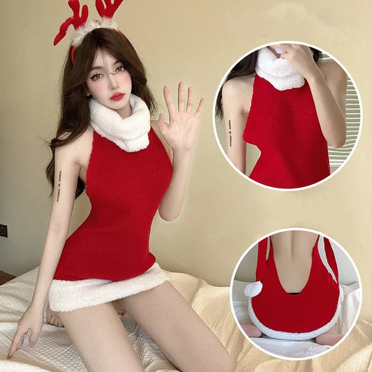 Women's Sweater Dress Christmas Pullover Red Backless Knitted Sleeveless Turtleneck Loose Jumper Festival Autumn Winter Sweaters