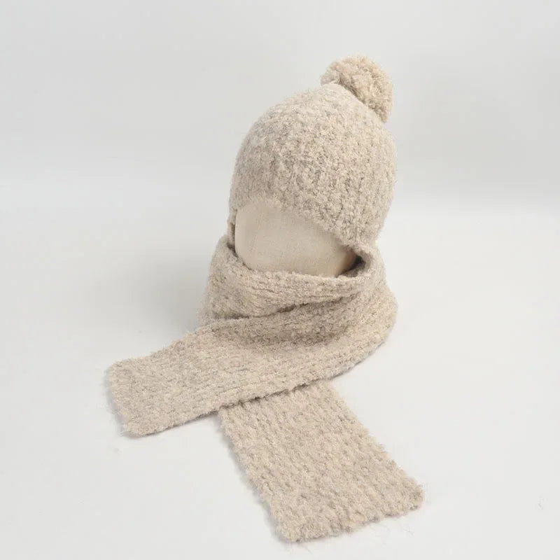 Winter Sweet Girl's Must-have - Wool Blend Beanie with Scarf and Shiny Furball