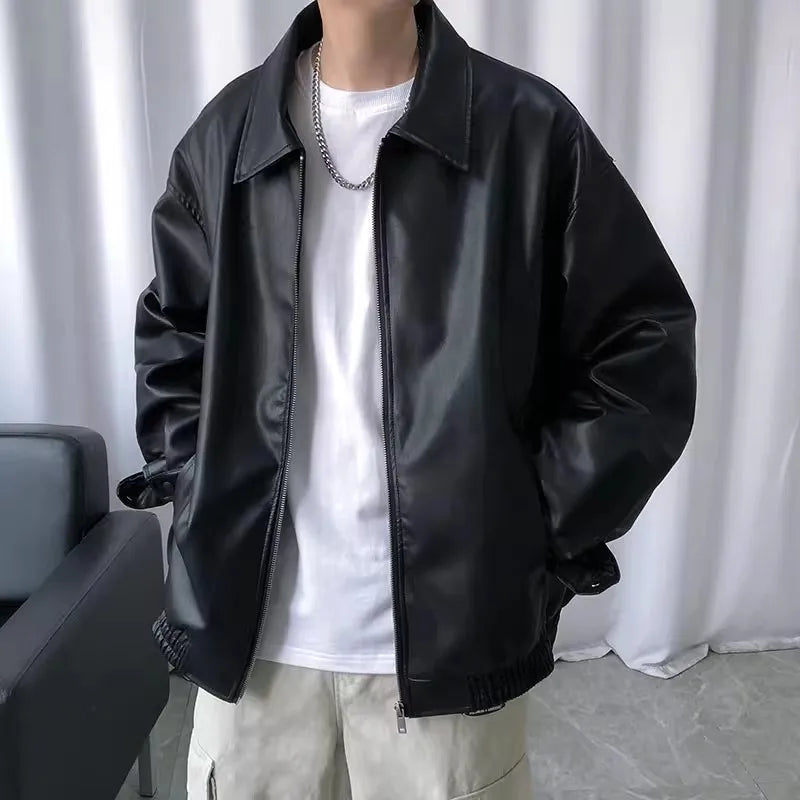 Leather Jacket For Men Solid Casual Turn Down Collar Pu Leather Motorcycles Jackets Autumn Male Loose Vintage Moto Biker Coats