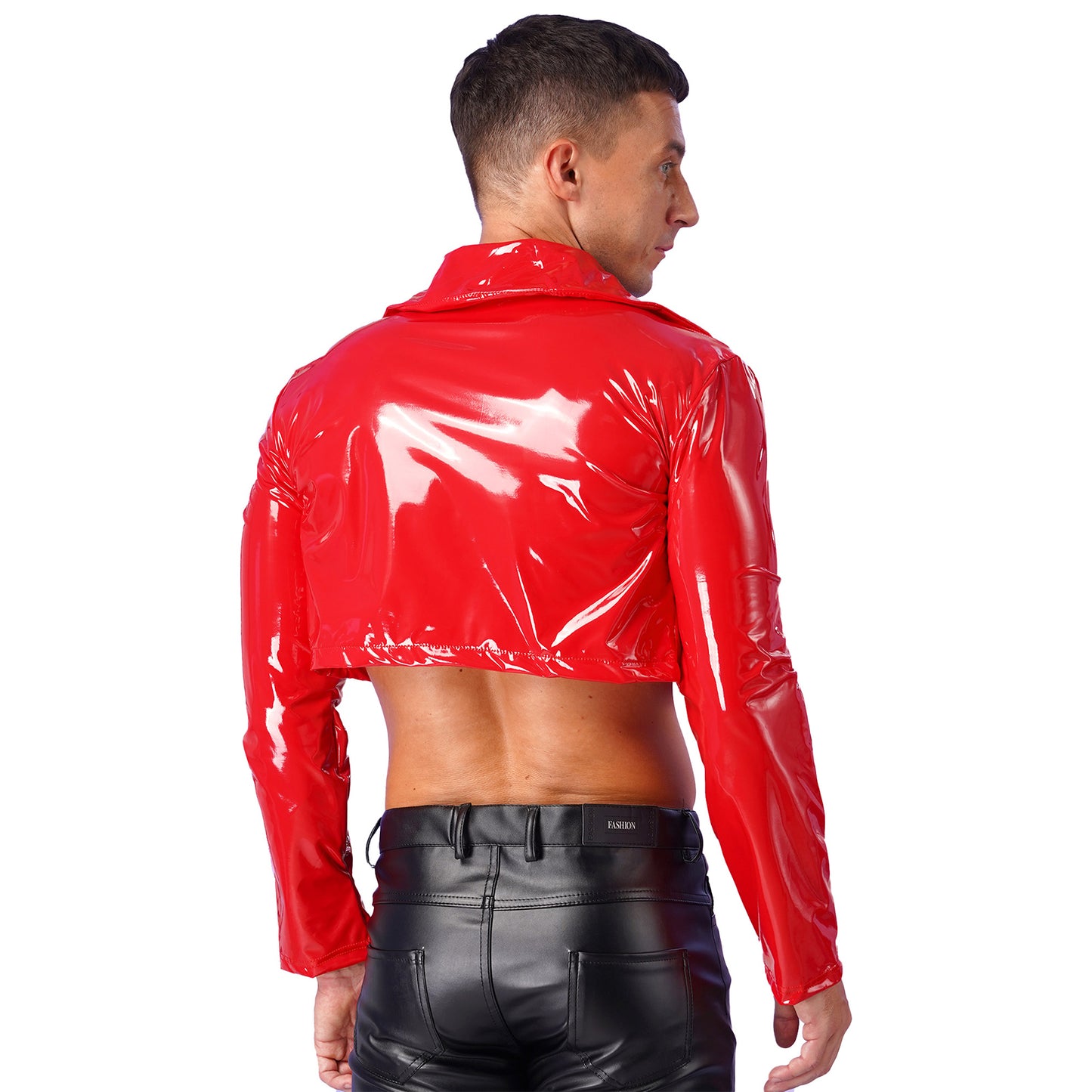 Mens Wet Look Long Sleeve Latex Cropped Coat Pole Dance Rave Cosplay Party Clubwear Lapel Patent Leather Jacket Motorcycle Coats
