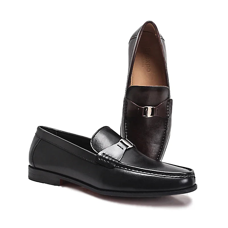 Men's Genuine Leather Non-Slip Flat Loafers Handmade Metal Buckle Glossy Pointed Banquet Wedding Party Formal Shoes