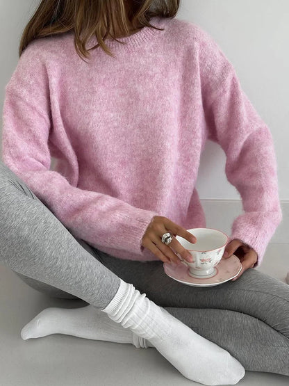 Women's Winter Sweater 2025 Warm Pullovers O Neck Knitwear Loose Knit Jumpers Basic Brown Sweaters For Women Winter Pink