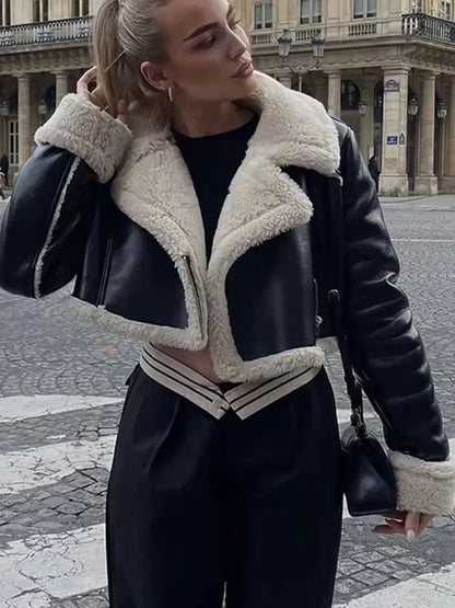 Winter Coat For Women 2024 Black Lapel Long Sleeves Female Zipper Short Jackets Top Streetwear Woman New In OuterCoat