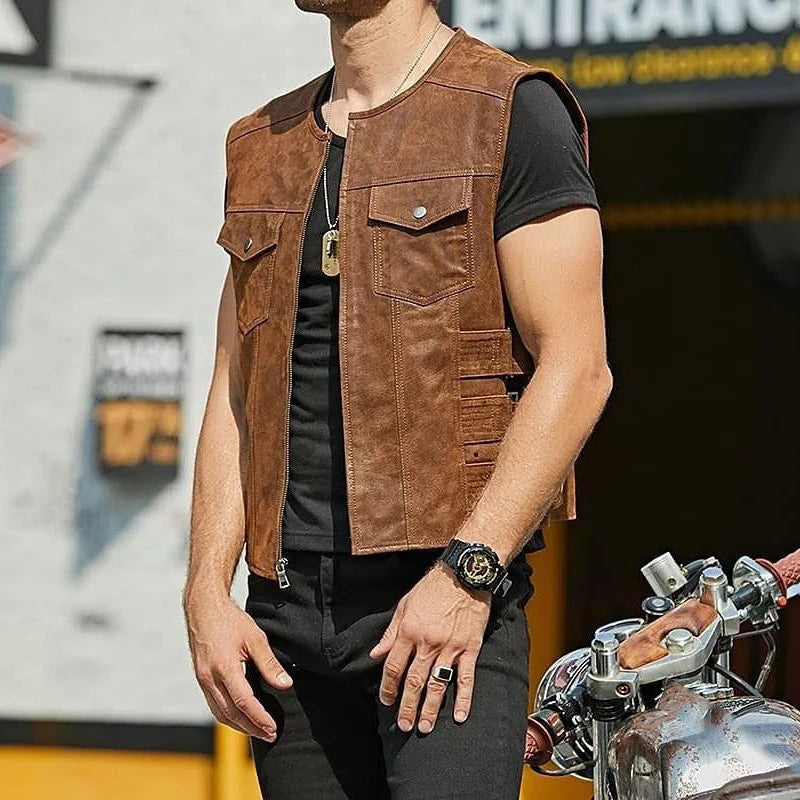 Leather Vest Jacket Men's Motorcycle Style Zipper Slim Sleeveless PU Coats Streetwear Men Clothing Fashion Cycling Short Jackets