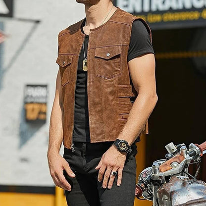 Leather Vest Jacket Men's Motorcycle Style Zipper Slim Sleeveless PU Coats Streetwear Men Clothing Fashion Cycling Short Jackets