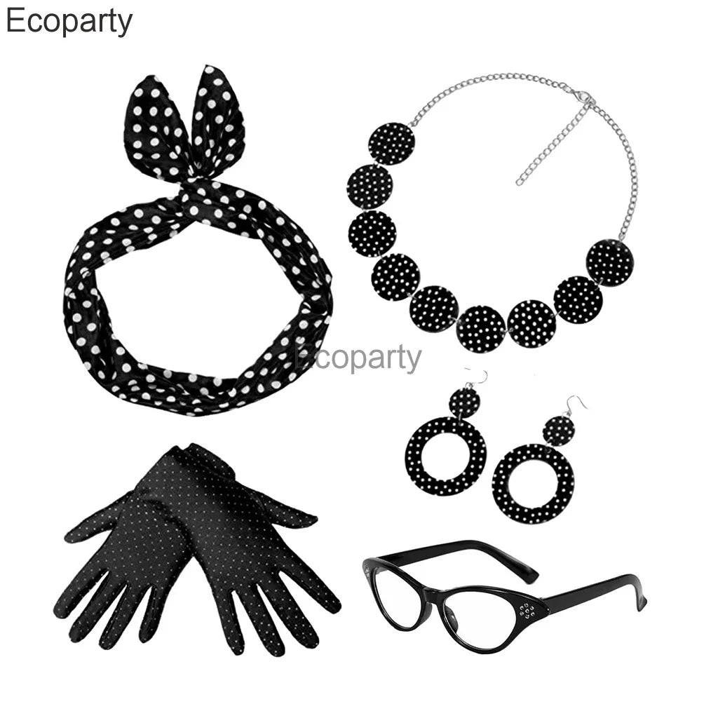 1950's Costume Accessories For Women Retro Polka Dot Headband Necklace Chiffon Scarf Eyeglasses Earrings Set Girls Party Outfits