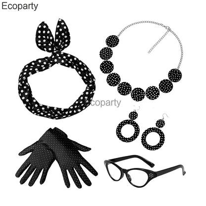 1950's Costume Accessories For Women Retro Polka Dot Headband Necklace Chiffon Scarf Eyeglasses Earrings Set Girls Party Outfits