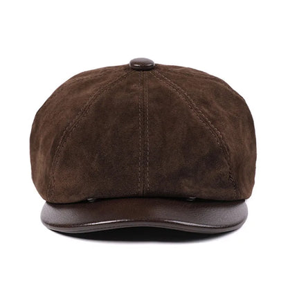 New Autumn Winter Natural Genuine Leather Caps For Men Suede Cowhide Leather Warm Berets Women's Hats British Fashion Golf Cap