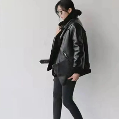Women Leatherette Coat Female Loose Outwear Extra Thick Warm Extra Thick Lamb Wool New Autumn Winter Pu Leather Jacket