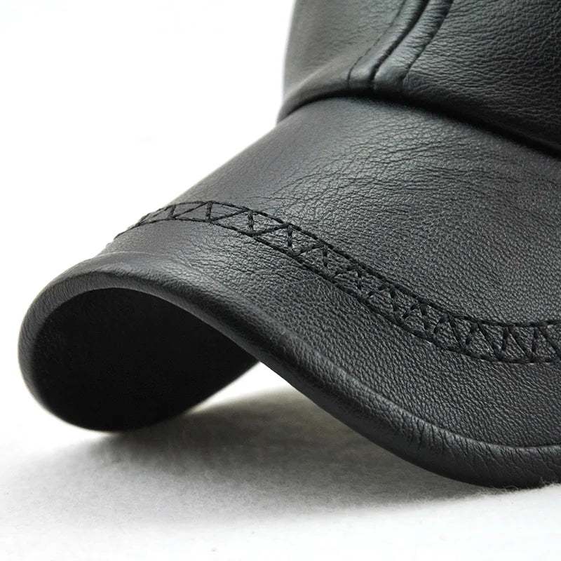 PU Leather Baseball Cap For Men Fall Winter Faux Leather Dad Hat Middle-aged Snapback Solid Black Color Adjustable gorras hombre