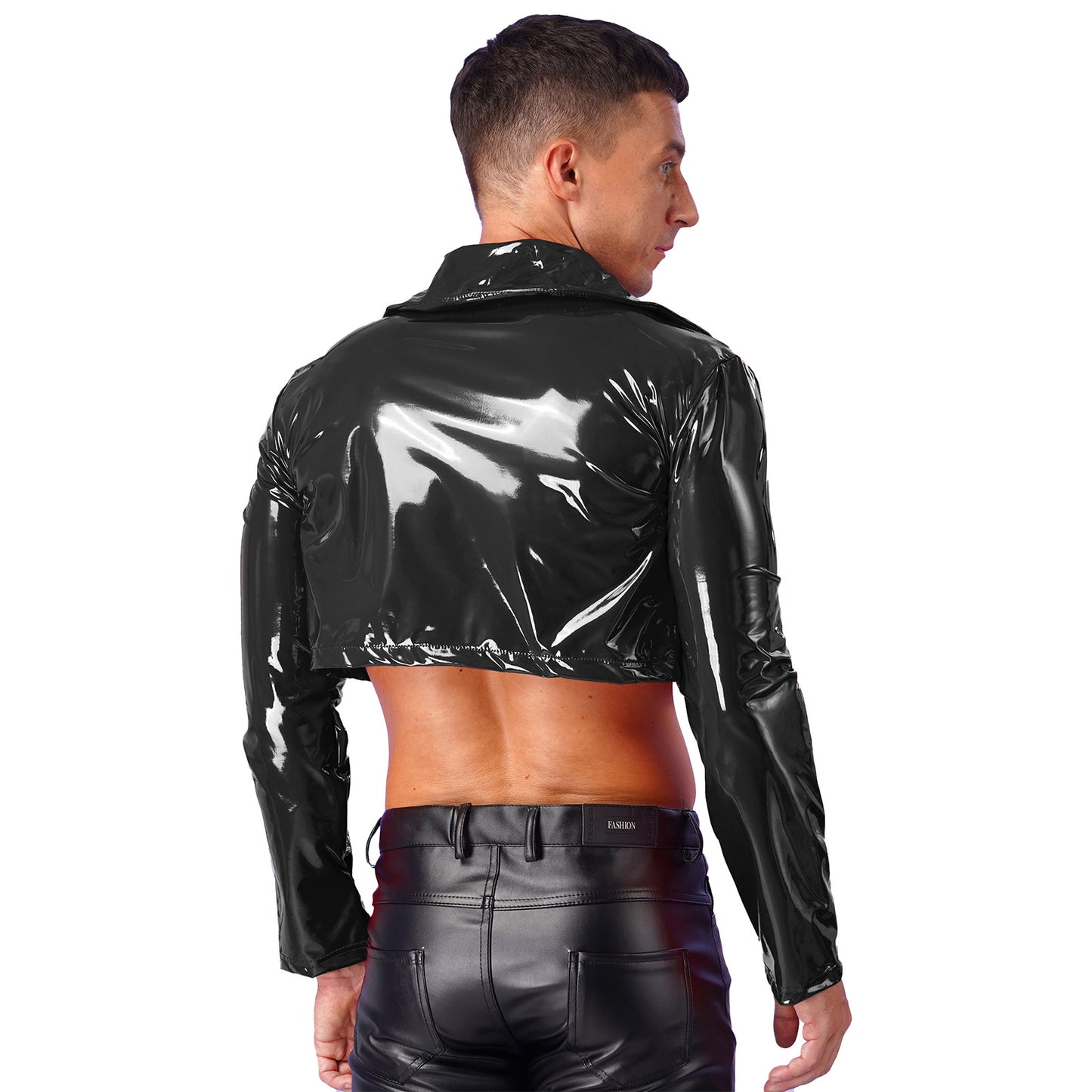 Mens  Lapel Patent Leather Jacket Patent Leather Motorcycle Coats Jackets Wet Look Long Sleeve Cropped Coat Rave Party Clubwear