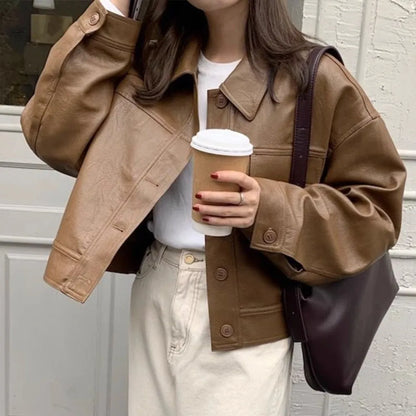 Fashion Lapel Collar Leather Jacket Women Outerwear Retro Vintage PU Coats Korean Chic Windbreaker Jackets Autumn/Winter