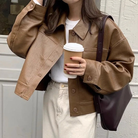 Fashion Lapel Collar Leather Jacket Women Outerwear Retro Vintage PU Coats Korean Chic Windbreaker Jackets Autumn/Winter