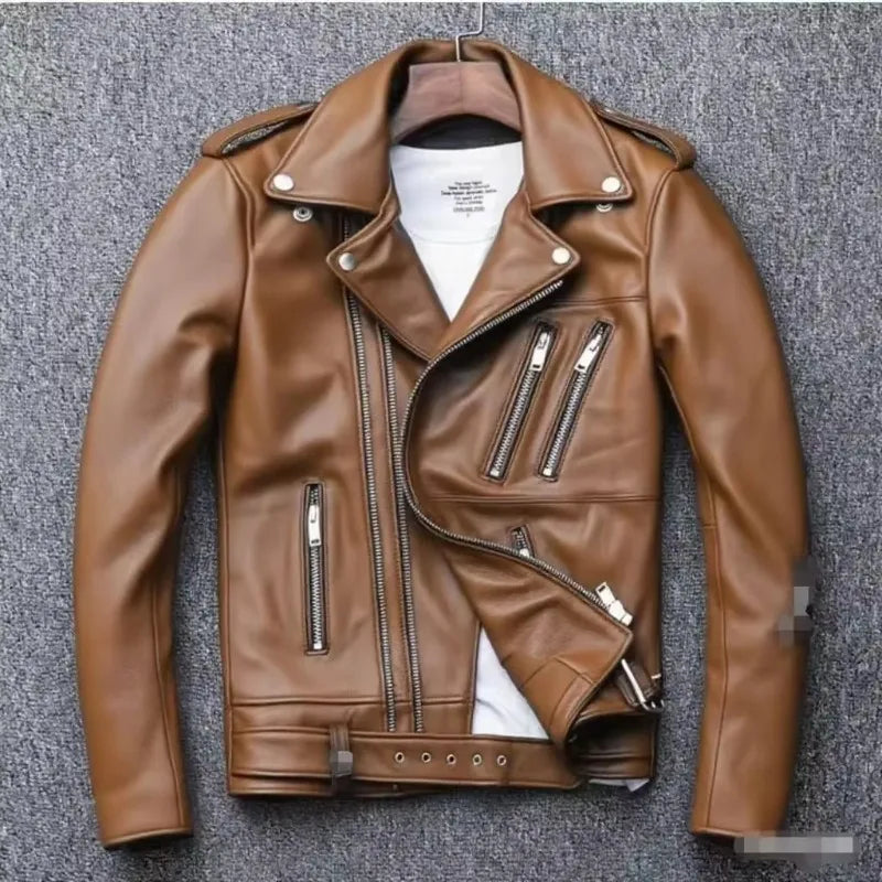 Men's Leather Jacket Fashionable Casual Coat Motorcycle Style Regular Cut Chinese Brand Stock AE New Autumn Winter Collection
