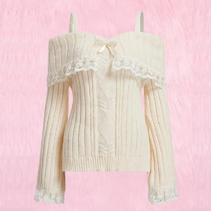 Sweet And Fresh Women's Sweater 2024 Autumn And Winter Bow Solid Color Cute Lace Single Shoulder Strap Sweater Girlish Style.