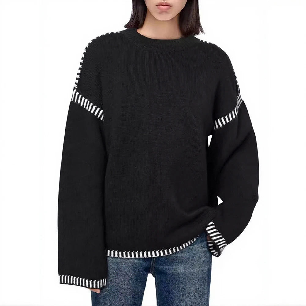 Women's Sweaters Autumn Winter 2025 Comfortable Daily Dark Stripe Design Long Sleeve Round Neck Relaxed Fit Top