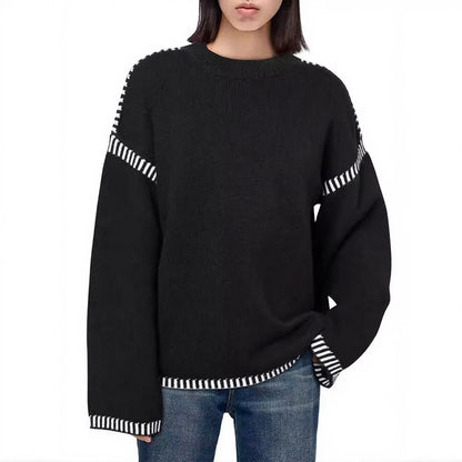 Women's Sweaters Autumn Winter 2025 Comfortable Daily Dark Stripe Design Long Sleeve Round Neck Relaxed Fit Top