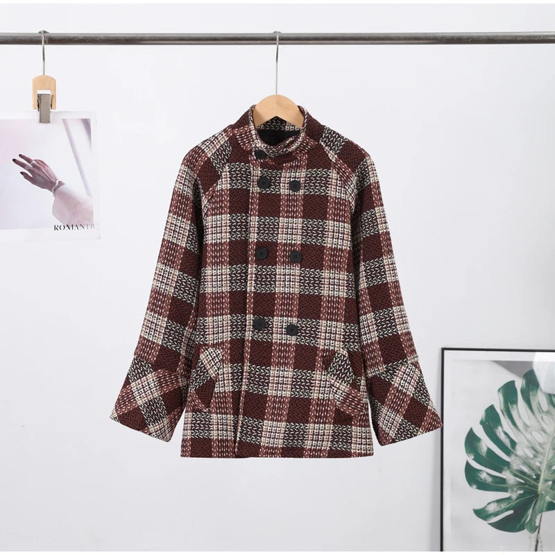 Autumn Winter Chic Coat Warm Checkered Turtleneck Shoulder Straight Coat Women Double Breasted Full Sleeve Middle Long Coat Lady