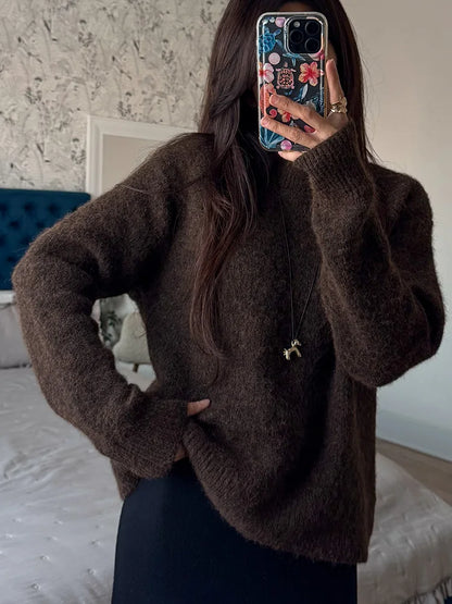 Women's Winter Sweater 2025 Warm Pullovers O Neck Knitwear Loose Knit Jumpers Basic Brown Sweaters For Women Winter Pink