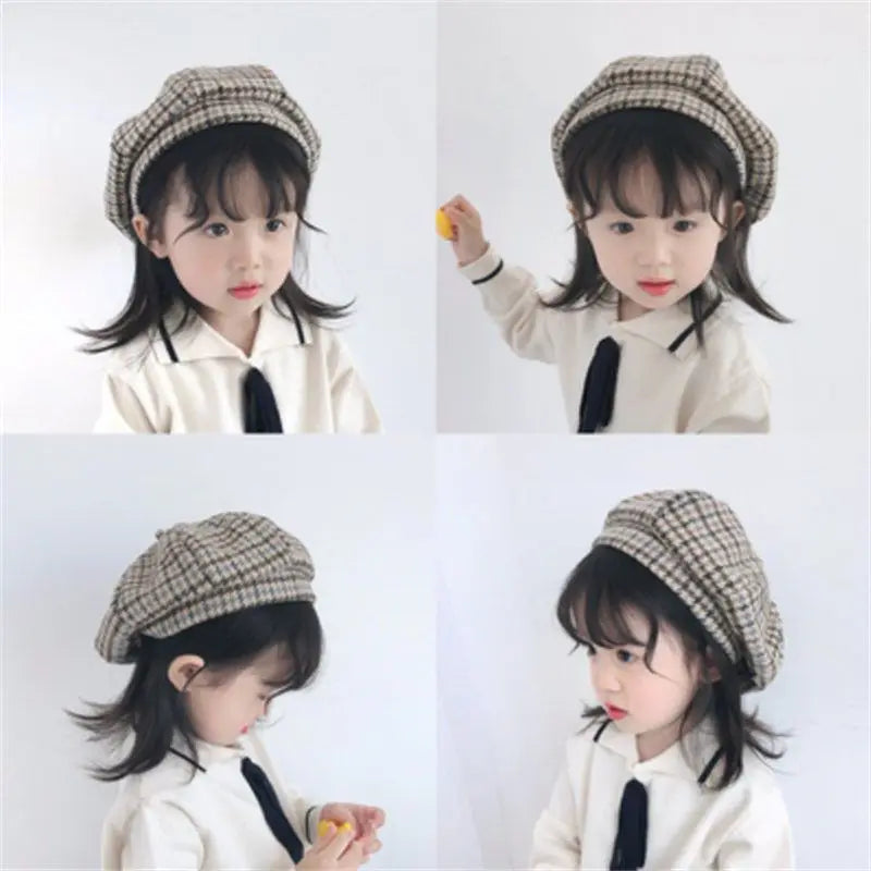 Kids Boys Girls PU Leather Hat 2024 New Arrival Children Princess Retro Beret Cap British Style Plaid Striped Cap Steetwear Hat