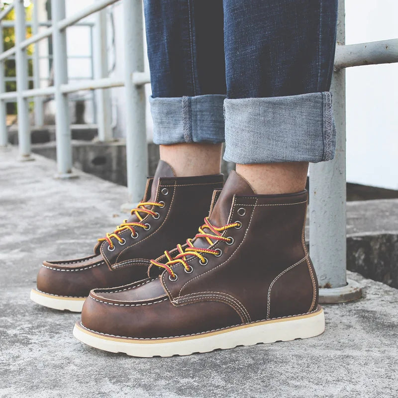 Genuine Leather Men's Boots Vintage Tooling Boots Man Short Boot Rhubarb Boots Men's High Top Men's Shoes Leather