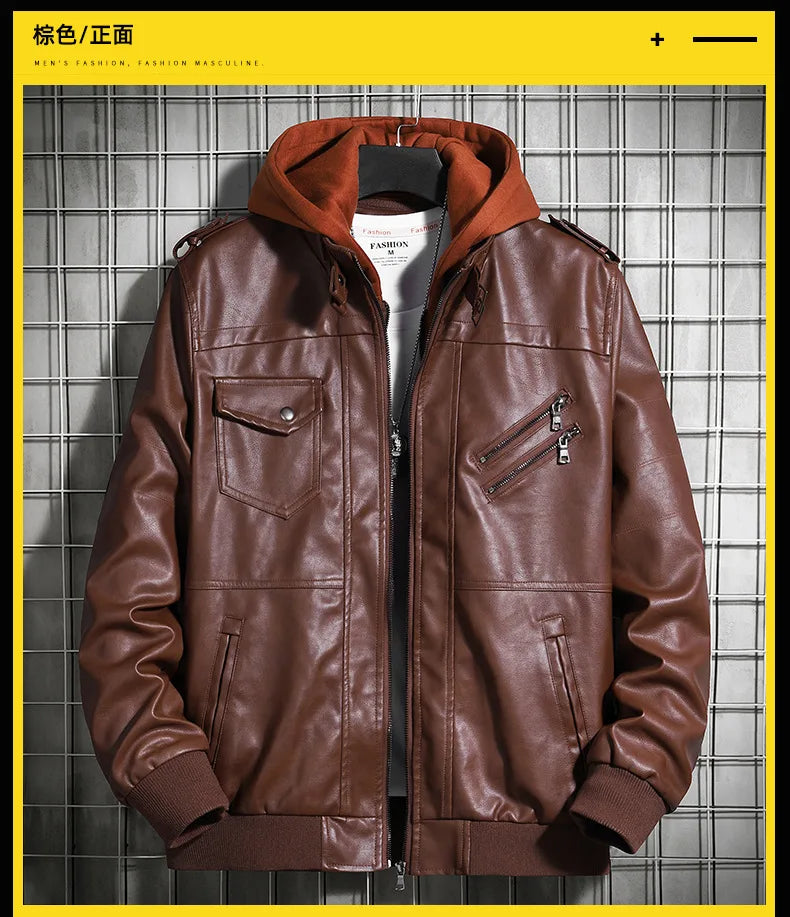 Hooded Leather Jacket Men's Jacket Winter PU Leather Coat Teenage Jackets Men's Motorcycle Leather Coat Harajuku