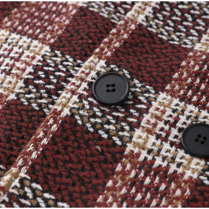 Autumn Winter Chic Coat Warm Checkered Turtleneck Shoulder Straight Coat Women Double Breasted Full Sleeve Middle Long Coat Lady