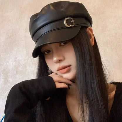 New Women's PU Leather Beret Hat Vintage England Flat Top Newsboy Caps Outdoor Casual Visor Black Artist Fashion Painter Hat