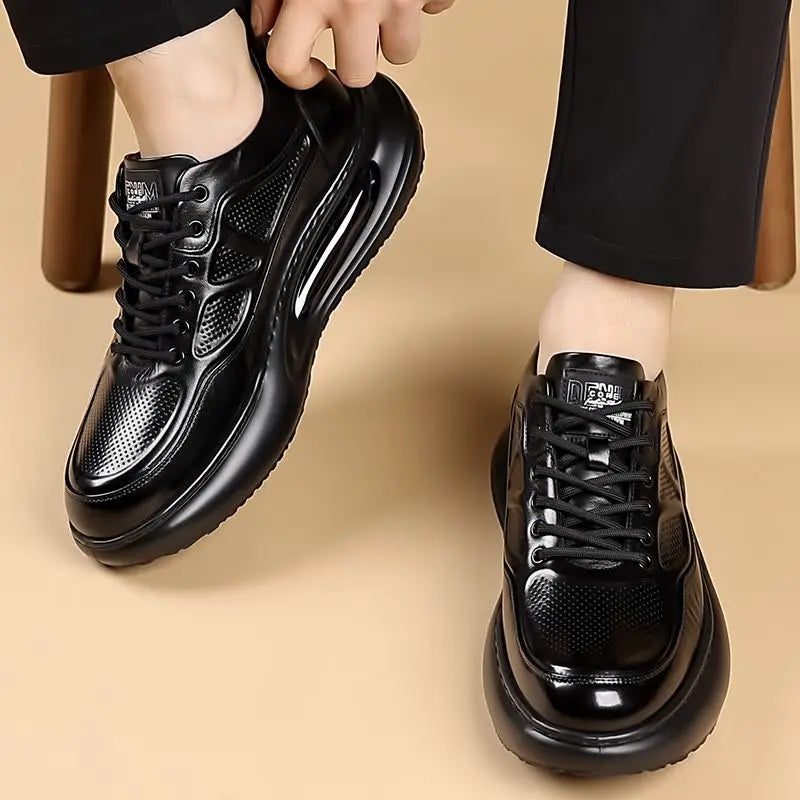 Genuine Leather Shoes Men Trendy Athletic Casual Walking Business Office Air Cushion Sneaker Sports Lightweight Streetwear Brown