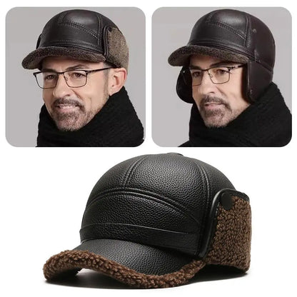 PU Leather Baseball Cap Men Winter Warm Hat Dad Grandpa Thermal Hat Thick Warm Leather Hat Old Man Ear Protection Cap