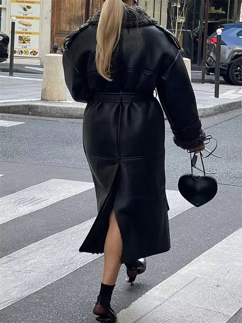 Women's Coat 2025 Autumn New Style Black Long-Sleeve Leather and Fur Integrated Coat with Belt High-End Outerwear Elegant