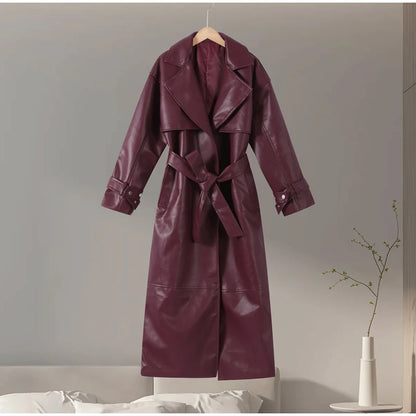Fashion PU Leather Long Overcoats With Belt Women Luxury Lapel Button Oversize Jackets Female 2025 Autumn High Street Outerwear