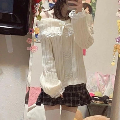 Sweet And Fresh Women's Sweater 2024 Autumn And Winter Bow Solid Color Cute Lace Single Shoulder Strap Sweater Girlish Style.
