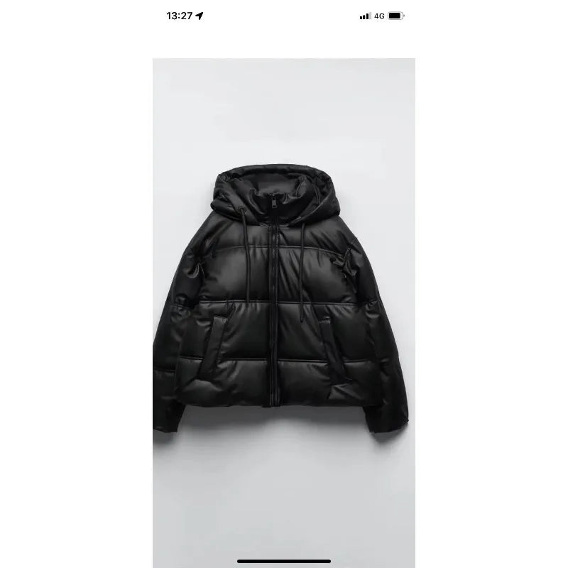 PU Leather Parkas Women Fashion Hooded Faux Leather Coats Women Elegant Zipper Cotton Jackets Female Ladies