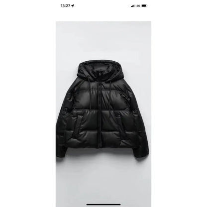 PU Leather Parkas Women Fashion Hooded Faux Leather Coats Women Elegant Zipper Cotton Jackets Female Ladies