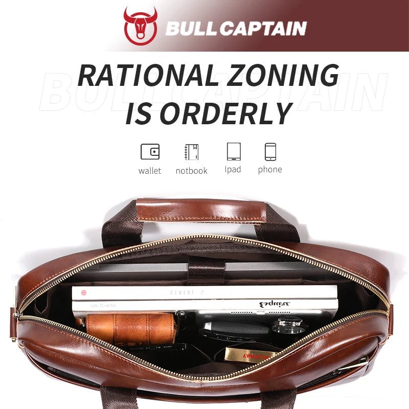 BULLCAPTAIN Leather Laptop Bag, Top Layer Leather 15" Laptop Bag Men's Laptop Briefcase Briefcase Work Business Travel Bag 053