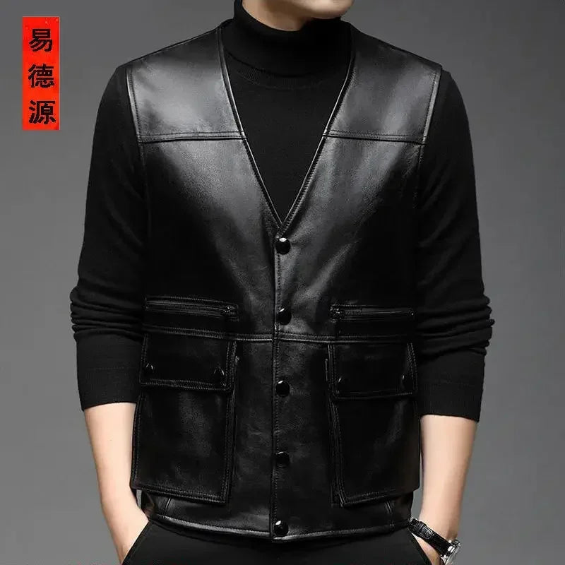 Genuine Leather Motorcycle Vest Mens sheepskin Leather Waistcoat biker sleeveless jacket clothing chaleco bullet proof club vest