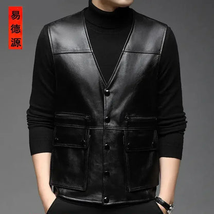 Genuine Leather Motorcycle Vest Mens sheepskin Leather Waistcoat biker sleeveless jacket clothing chaleco bullet proof club vest