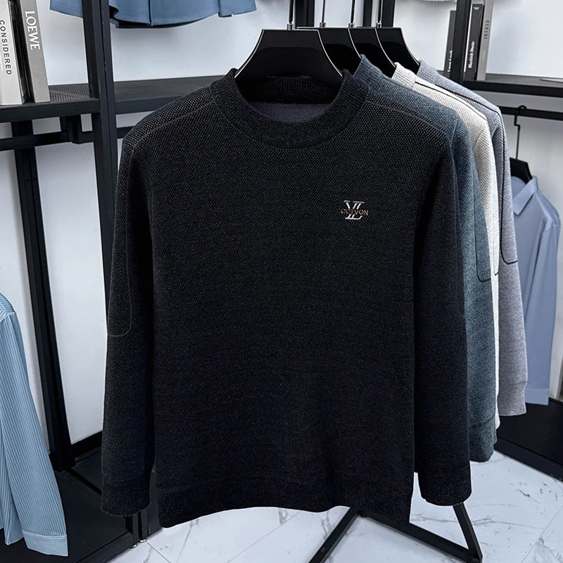 Winter 2025 Men's Sweater with Fleece and Mink Fur for Middle-aged Warmth, Integrated Fleece Base, Embroidered Round Neck Top