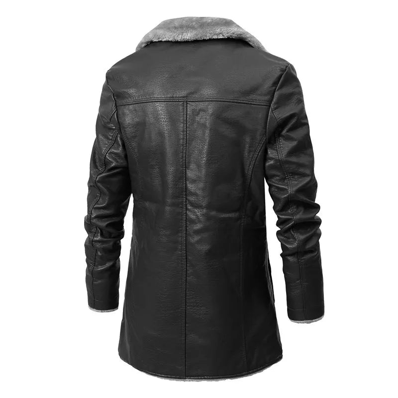 Men's Long Leather Coat PU Jacket for Men Winter Warm Fleece Lined Business Overcoat Trench Mens Outerwear Motorcycle Jacket